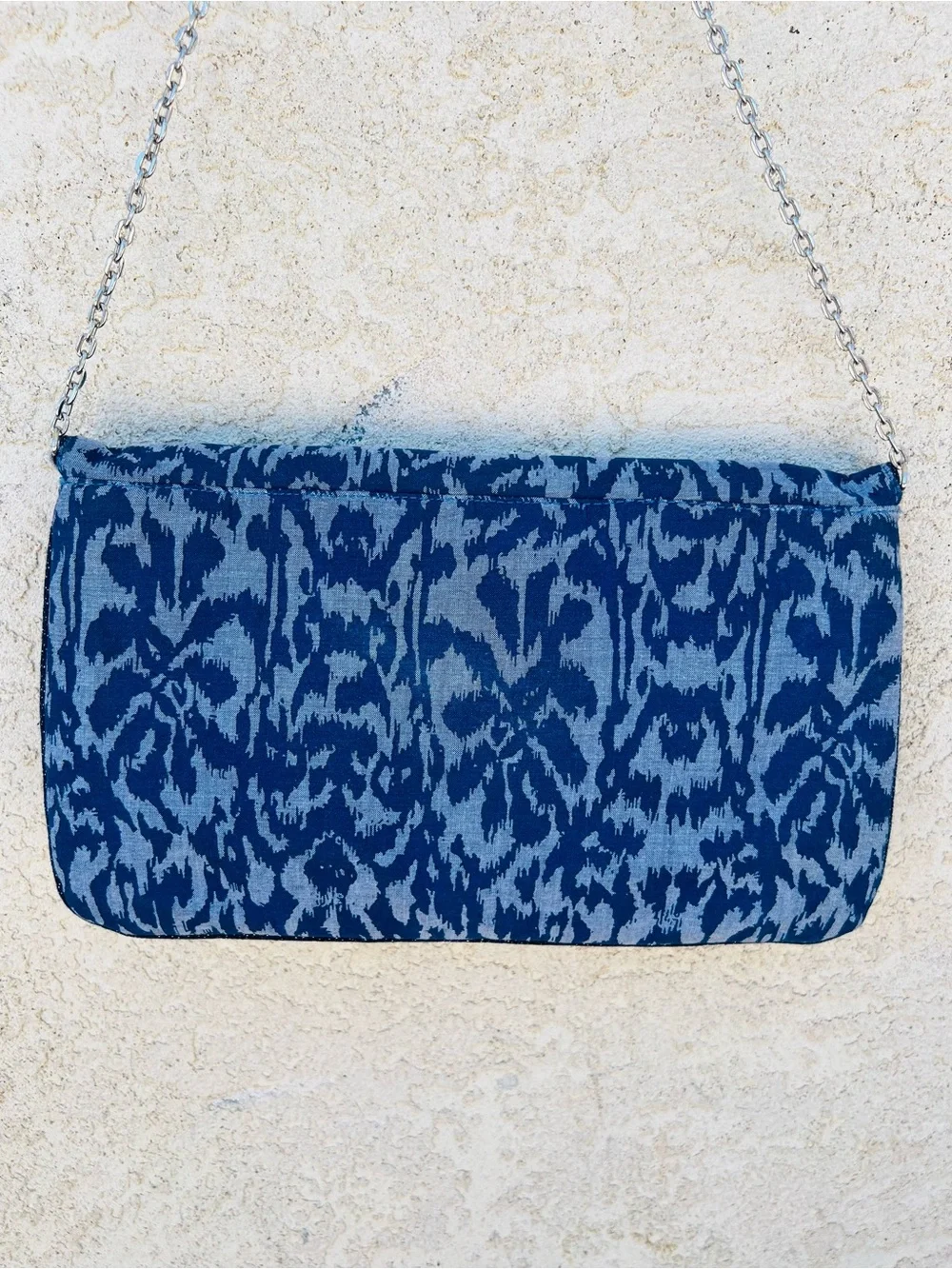 Chico’s Blue Gray Ikat Foldover Envelope Clutch Chain Strap Boho